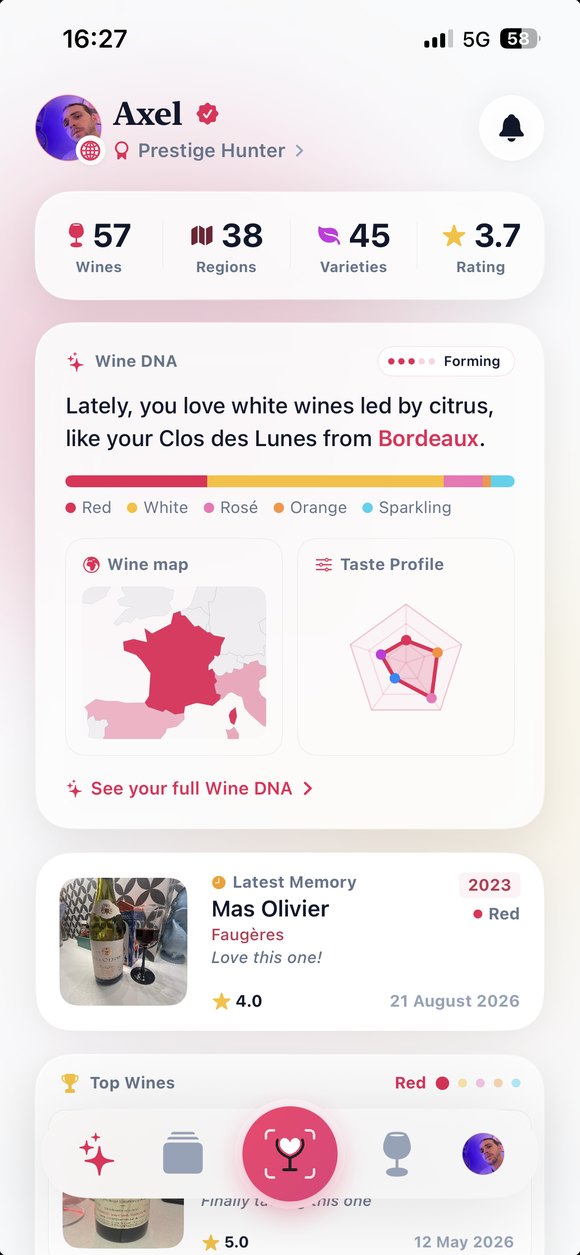 A Wiona profile showing wines logged, regions explored and a Wine DNA summary with wine map and taste profile