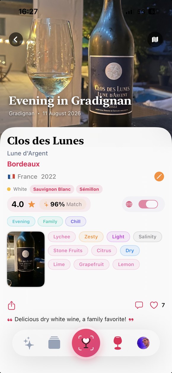 A Wiona wine memory: Clos des Lunes tasted on an evening in Gradignan, with rating, grapes and tasting notes